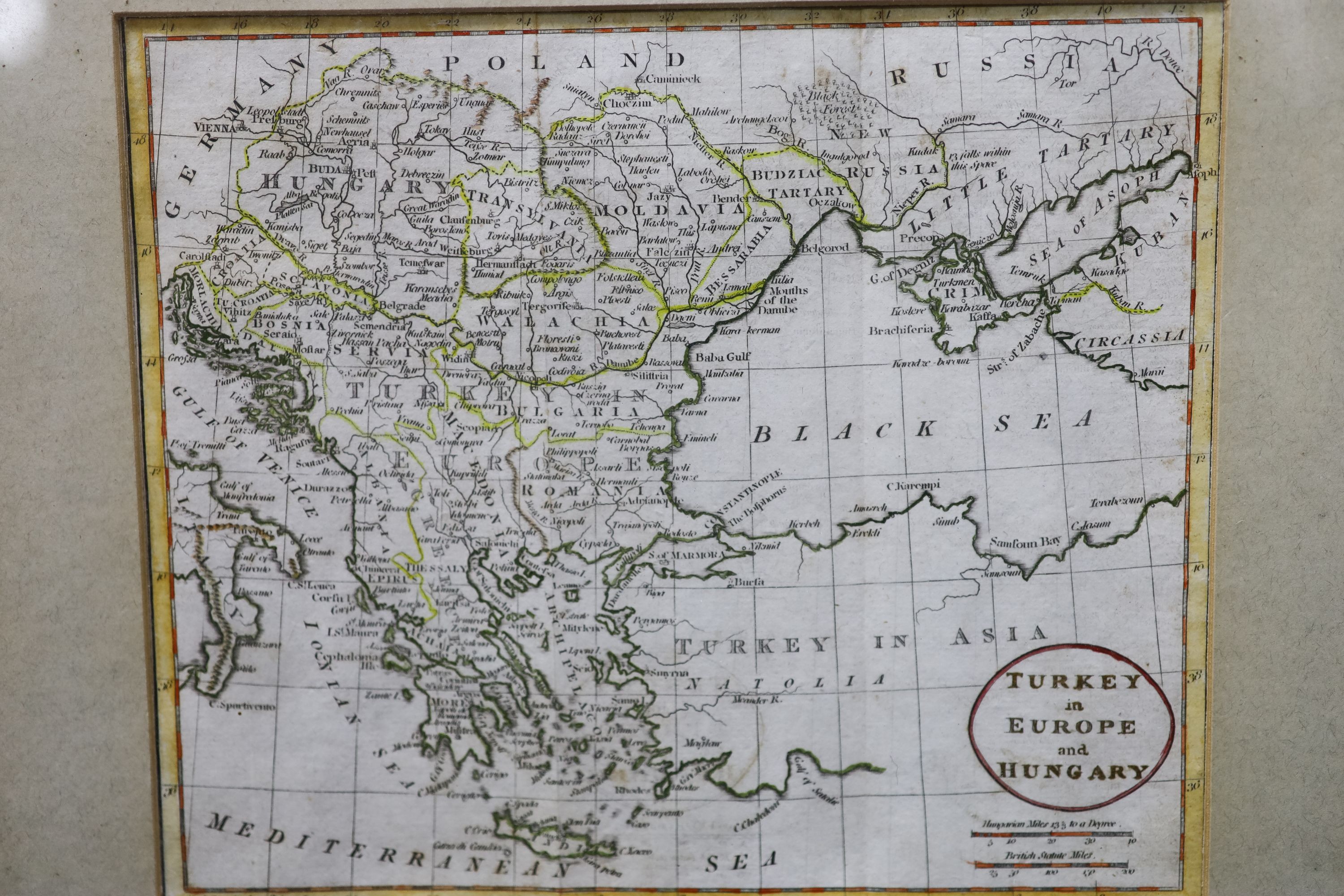 A mid 18th century French coloured engraved map of the Coasts of Spain and Portugal by Bellin, 1751, 91 x 57cm and two later maps of South America and Turkey and Europe